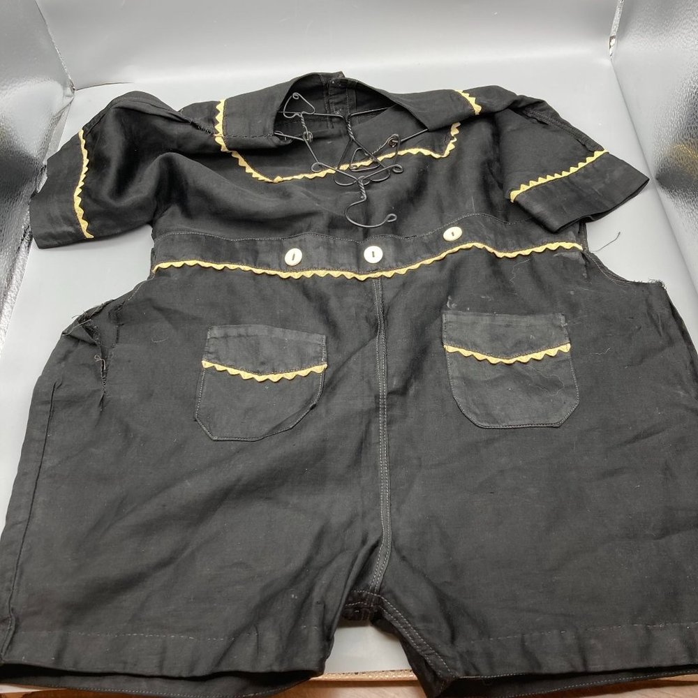 Antique Childs Black and White Silk Romper with Pockets and MOP Buttons